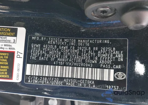 2017 Toyota Camry Se z USA, uszkodzony, nr VIN 4T1BF1FK7HU280943